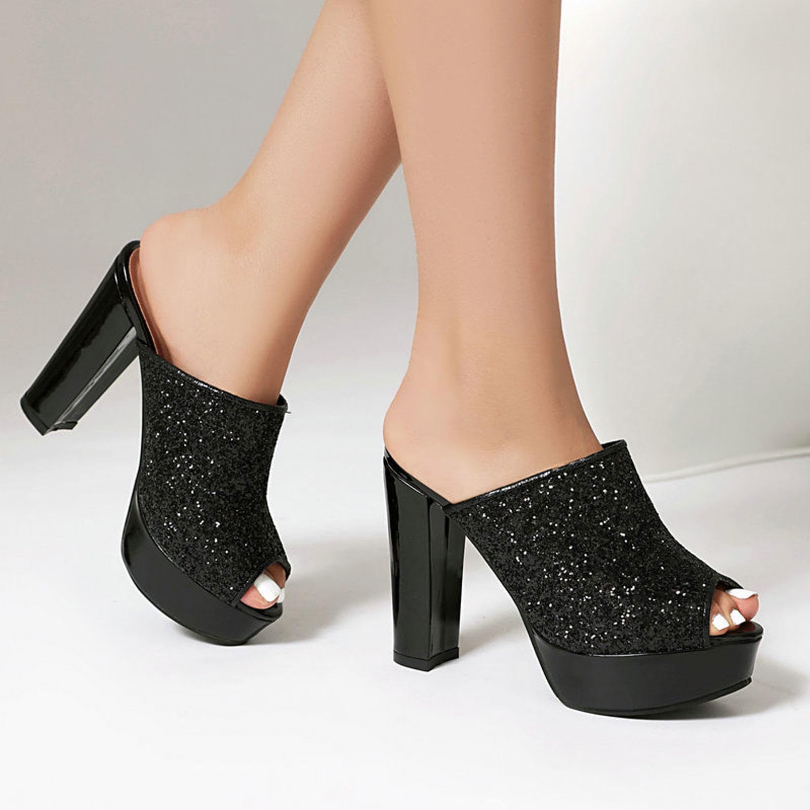 Tacchi Alti Donne Piattaforma Open Toe Muli Sandali Paillettes Slip On Tacco Grosso Pompe Abito Partito Scarpe 11,5cm,Black-43