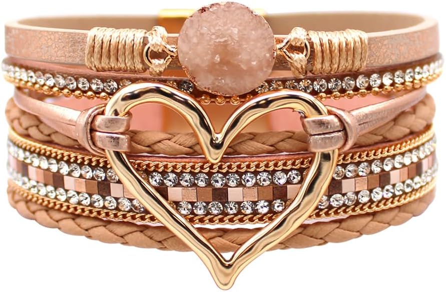P Ammy FashionWomen's Fashion Love Heart Leather Crystal Bead Bracelet Boho Cuff Bohemian Bracelets with Magnetic Clasp