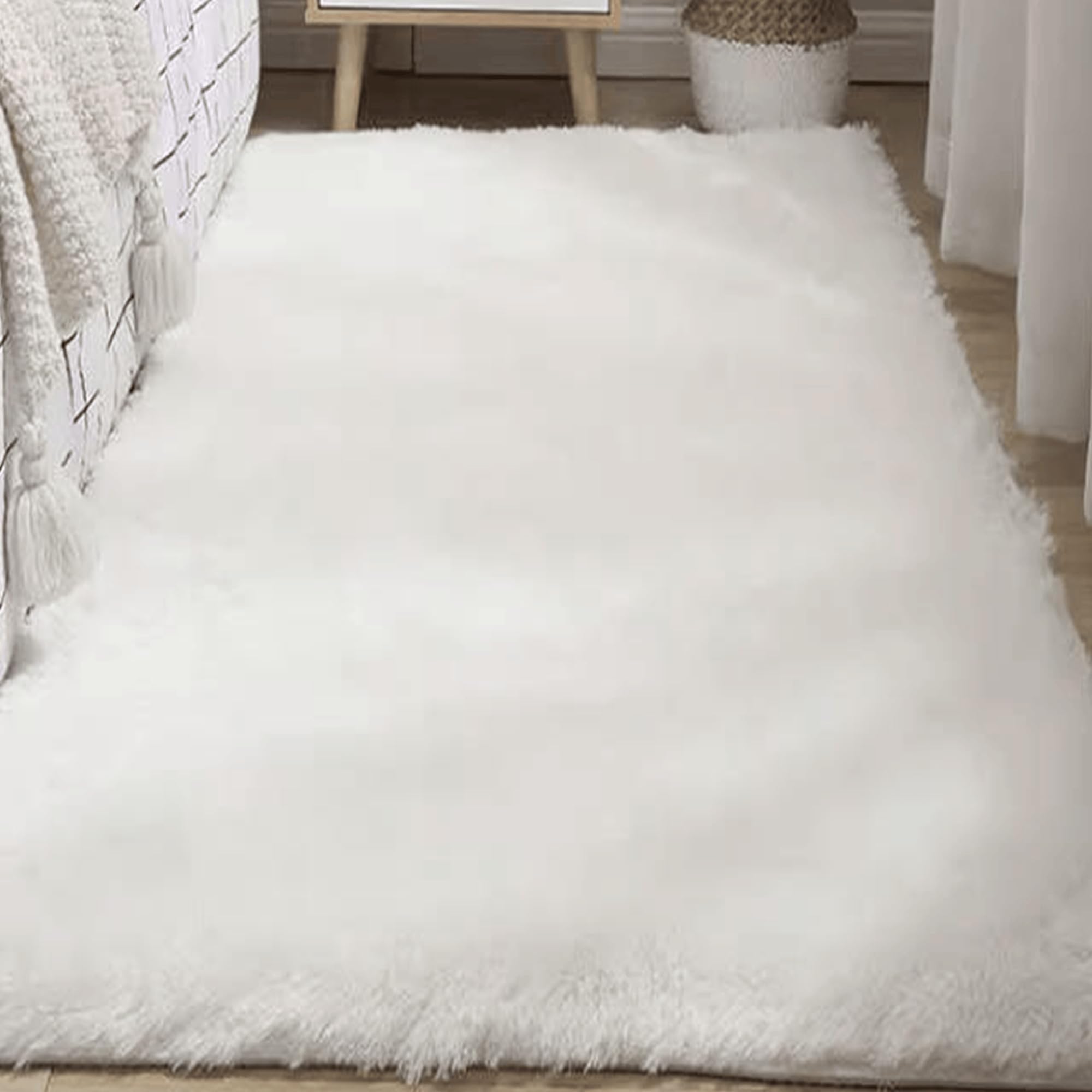 Carpette decoration salon blanc 140 x 140 cm tapis pelucheux haut de gamme