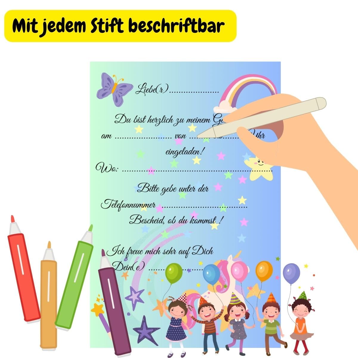 10 tarjetas de invitación para cumpleaños infantiles, unicornio | Invitaciones de unicornio para niños, 10 unidades para niños y niñas, cumpleaños inolvidables