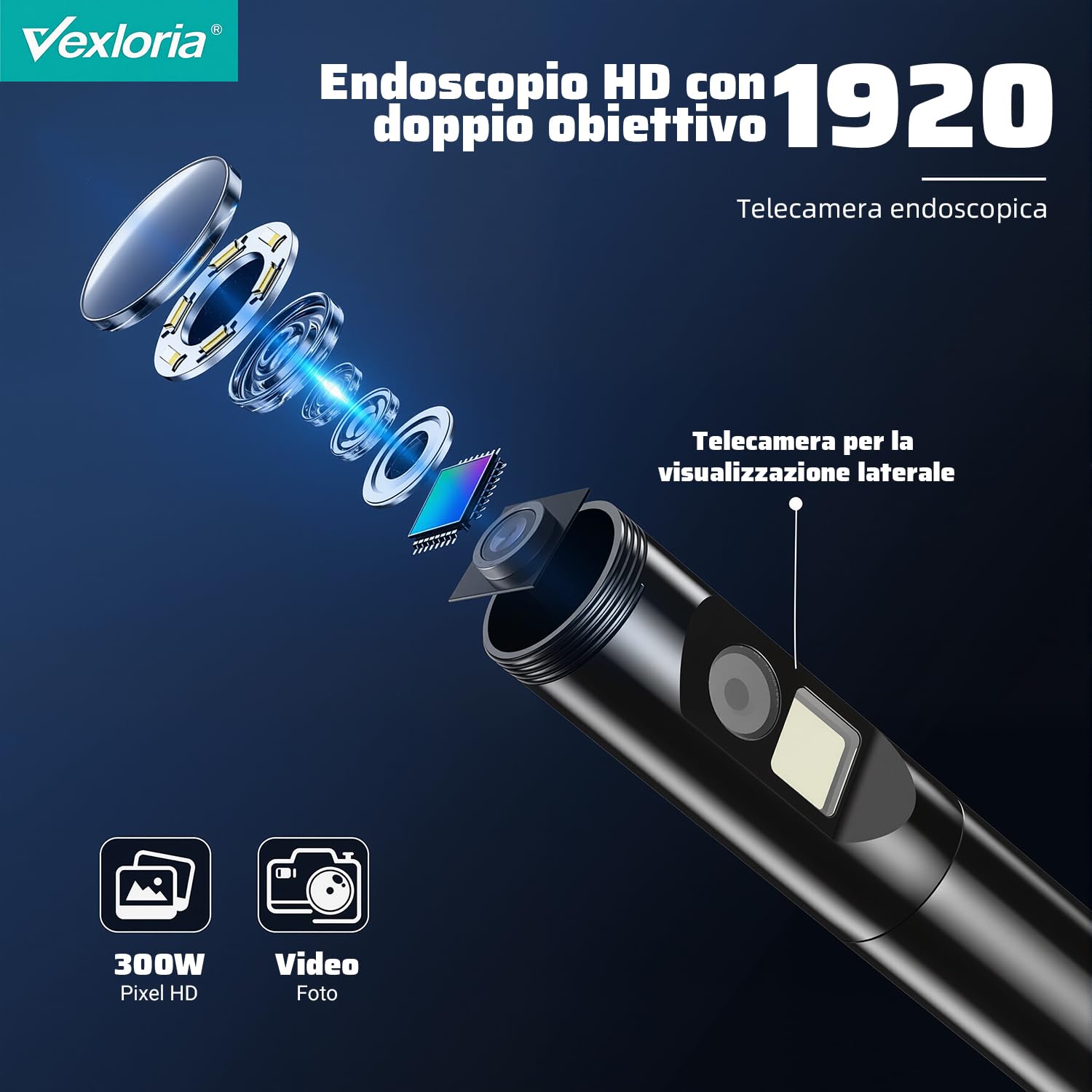 Vexloria Endoscopio per Smartphone, Doppia Lente 1920P HD Telecamera Endoscopica, IP68 Impermeabile Endoscopio con 8 LED Cavo Semirigido, non c'è bisogno di Wi-Fi Compatibile con iOS e Android
