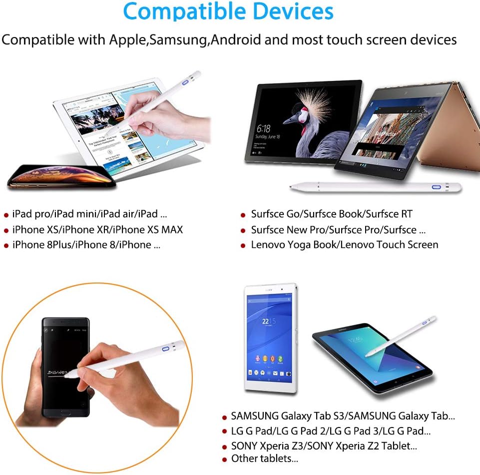 Capacitive Stylus Pens, Maifeituo Fine Point Cap Active Digital Smart Pencil for Drawing Writing on Touch Screens, Compatible with Apple iPad Pro Air iPhone Plus Samsung Android Tablets (White)