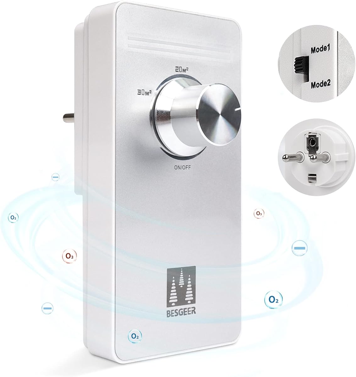 Ozongenerator Luftreiniger, Sterilisator Geruchskiller, Air Purifier, Air Ozonizer Generator für Zimmer, Badezimmer, Haustiere, Formaldehyd und Geruch, Hohe Effizienz - Silber