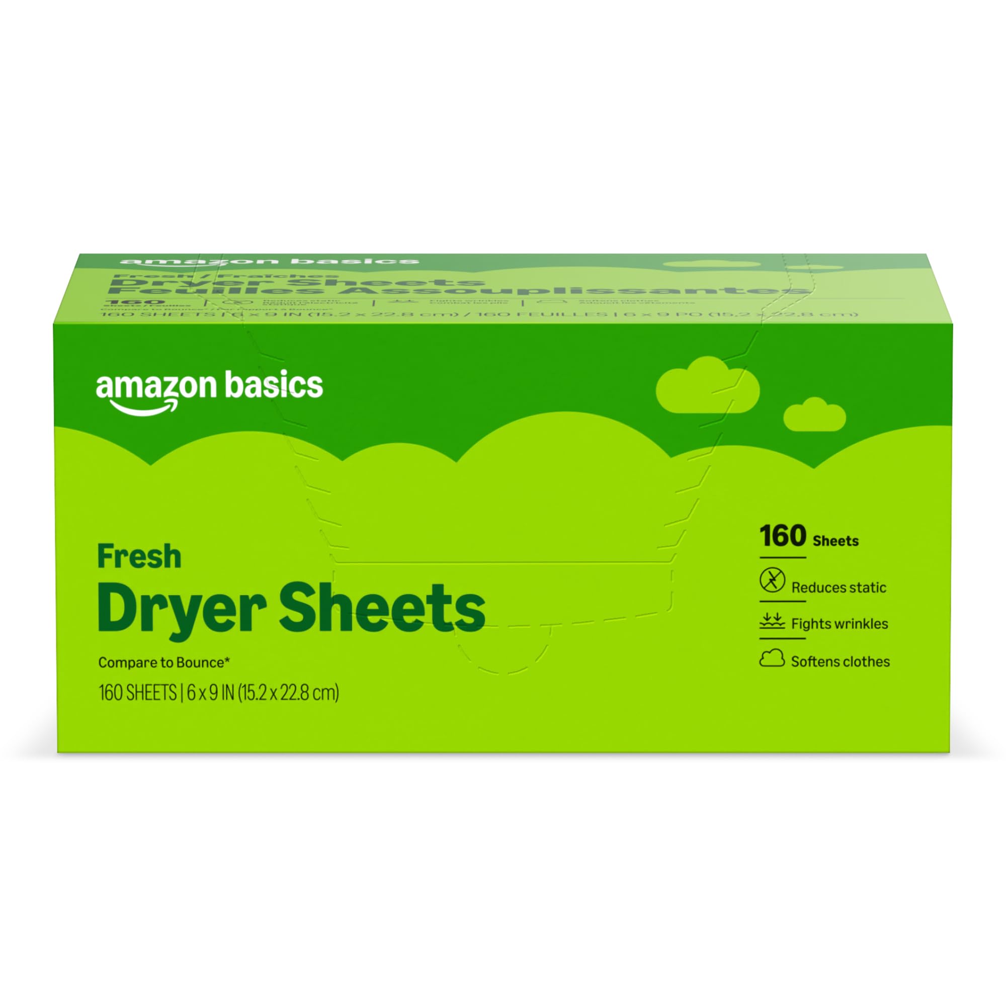 Amazon Basics Dryer Sheets Laundry Fabric Softener, Fresh Scent, Reduces Static, Softens Clothes, Fights Wrinkles, 160 Count