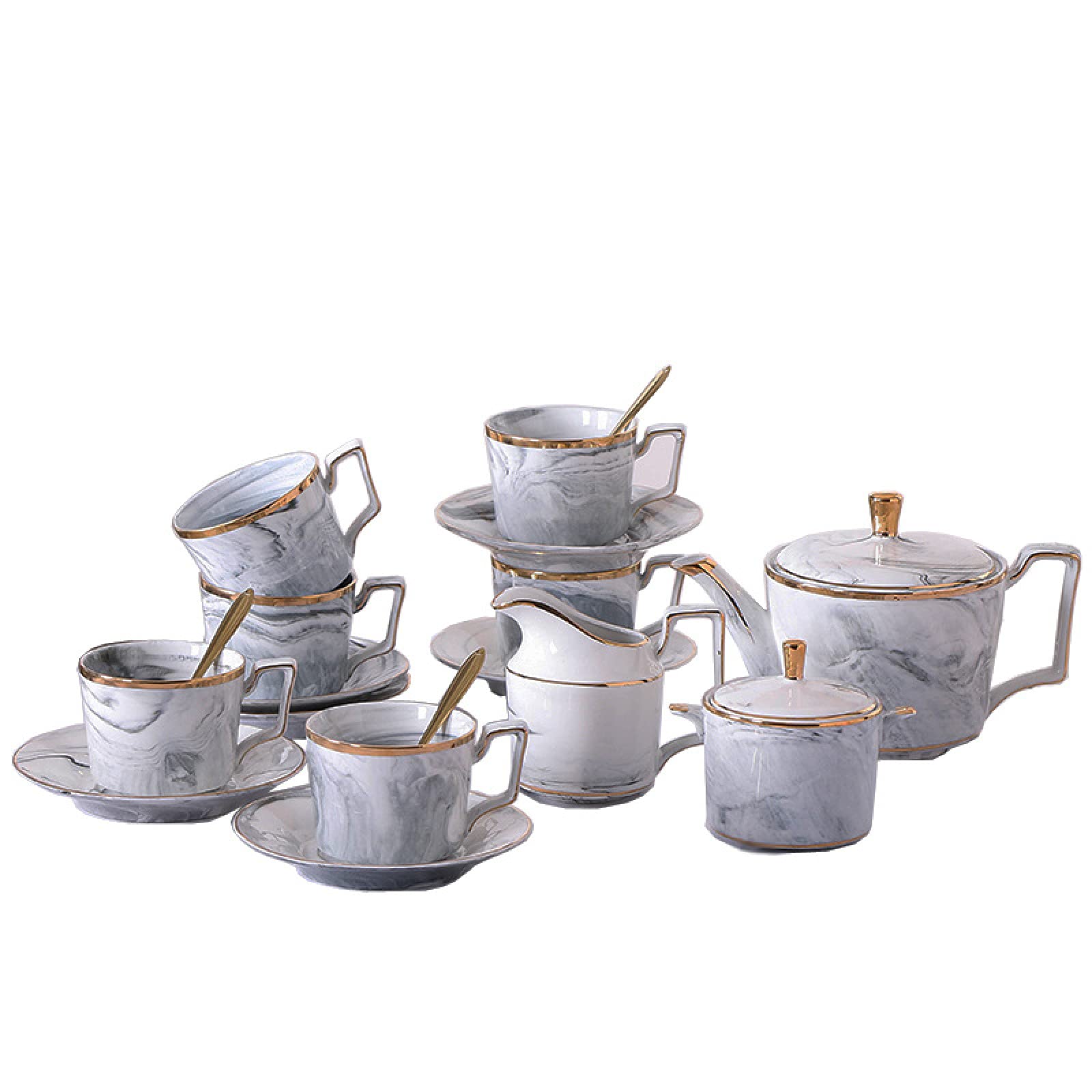 zestaw do herbaty, 15 sztuk porcelanowe zestawy do herbaty zestaw dla dorosłych filiżanki i spodki kawy ślubny serwis herbaciany z cukiernicą, dzbanek na mleko, śmietankę(Grey)