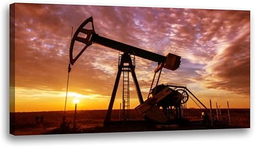 Arte de pared grande enmarcado listo para colgar, paisaje de 20 x 40 pulgadas con bomba de pozo de petróleo y gas y dramática puesta de sol en
