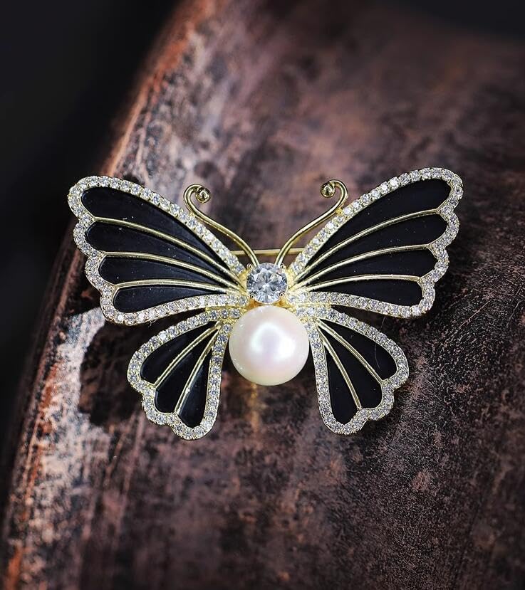 Image of Butterfly Crystal Rhinestone Brooch Pin for Women Colorful Glitter Pearl Bead Lapel Pins Hats Clothes Dress Accessories Jewelry