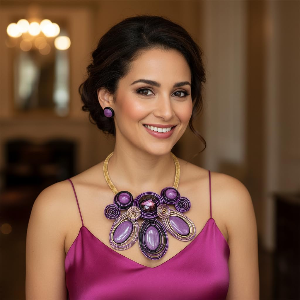 Statement Necklace and Earring Set, Purple Spiral Wire Design with Iridescent Stones,Gold Mesh Chain - Image 8