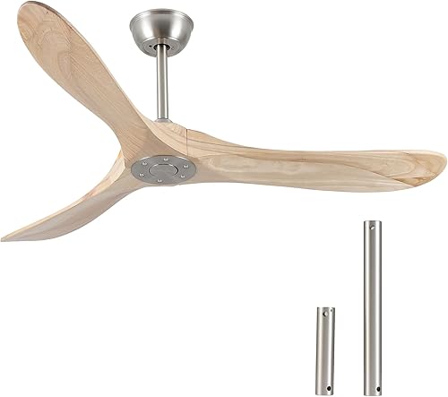 Ventilador de techo moderno de 52 pulgadas, sin luz, 6 velocidades, reversible, apagado temporizado, motor de CC, 3 aspas de madera natural, porche,