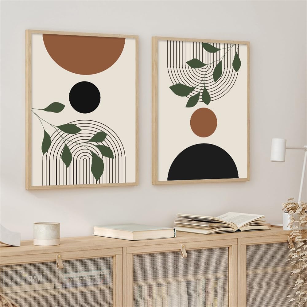 WBYZAC 2 Pieces-Abstract Geometric Green Plant Leaves Line Posters Canvas Painting Wall Art Print Pictures for Bedroom Living Room Office Interior Home Decor-50 * 60cm (No Frame)