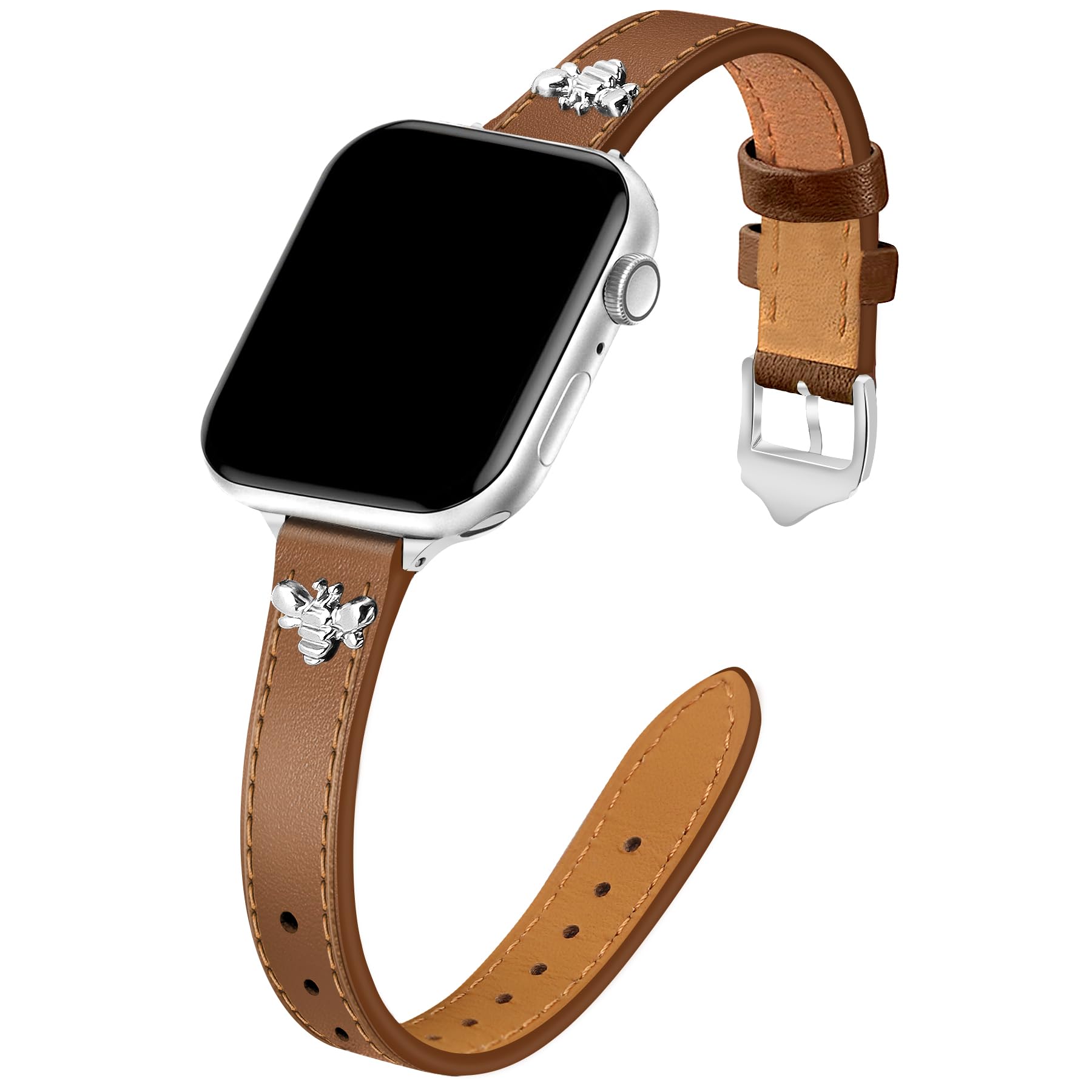 JR.DM Slim Leather Bands Compatible with Apple Watch Band 38mm 40mm 41mm 42mm 44mm 45mm 46mm 49mm, Genuine Leather Band with Charms, Feminine Design