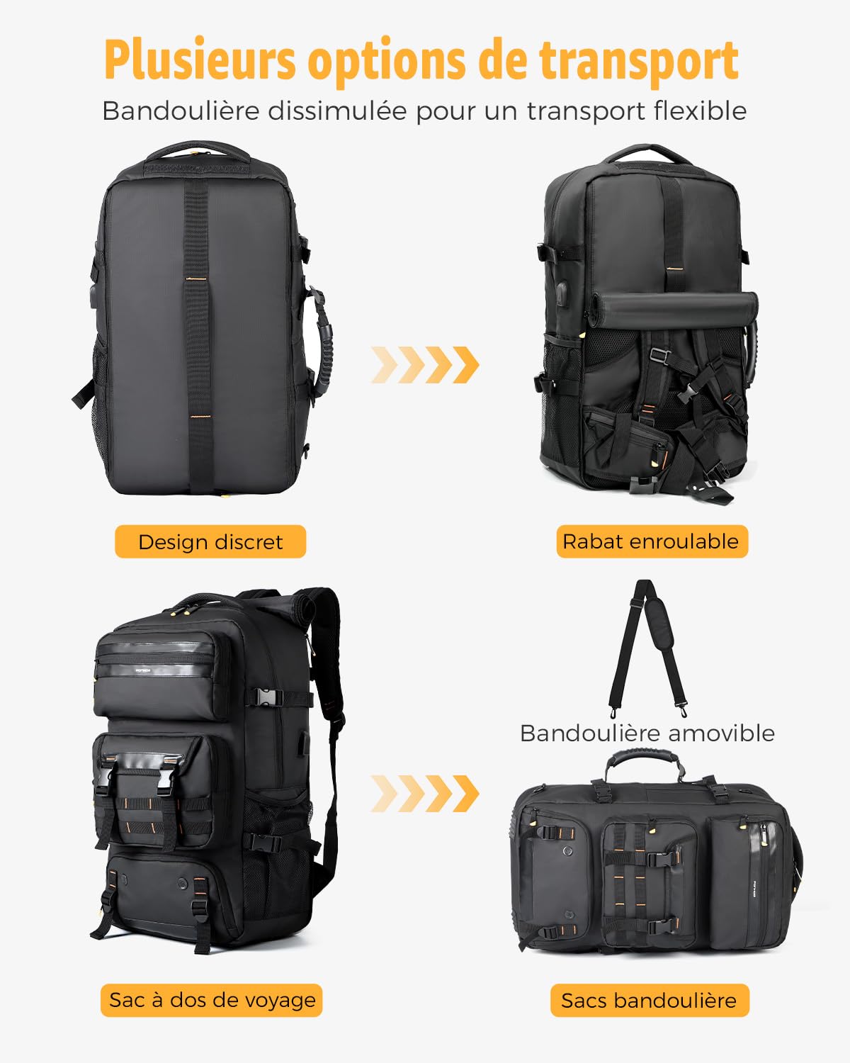 Ponhog Travel Backpack for Men - 50L Convertible Duffle Bag with Shoe Compartment, Carry On Laptop Backpack with USB Charging Port, Hiking Backpack Gym Daypack Water Resistant Rucksack