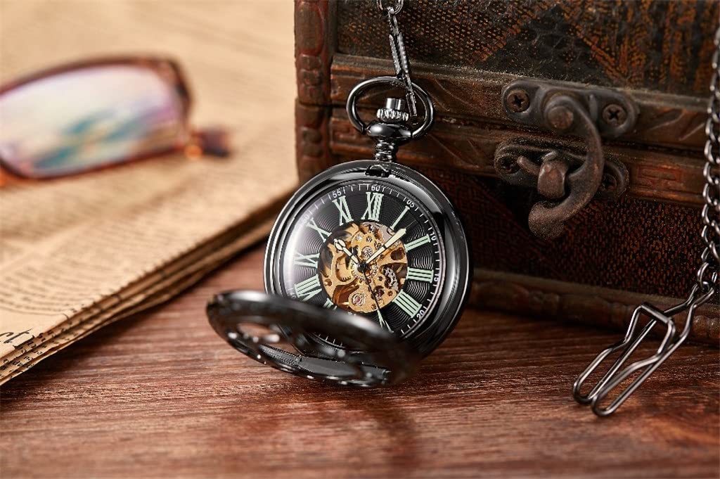 Mechanische Taschenuhr hohl Schwarze Zifferblatt Handwindungskollektion Cwatch Clock/D.