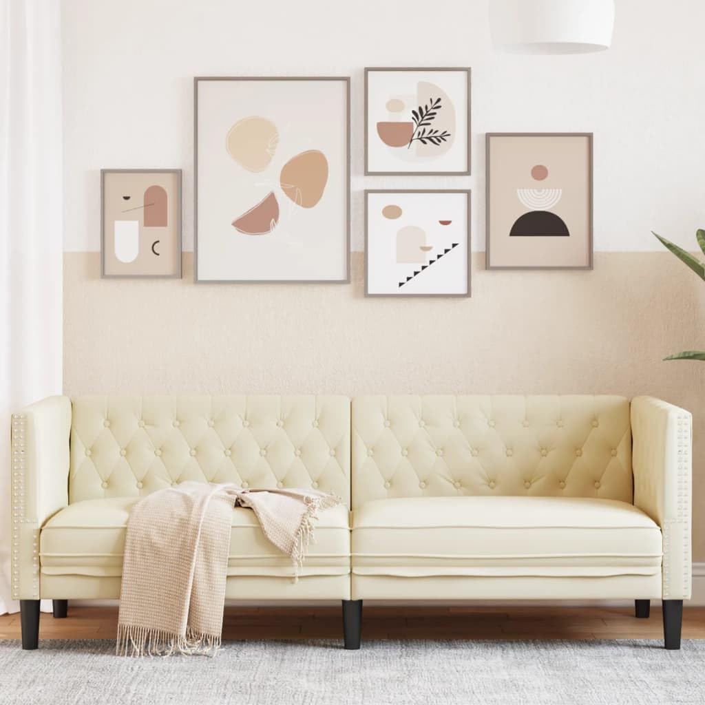 Divano Chesterfield 3 Posti in Ecopelle Crema, 194 cm