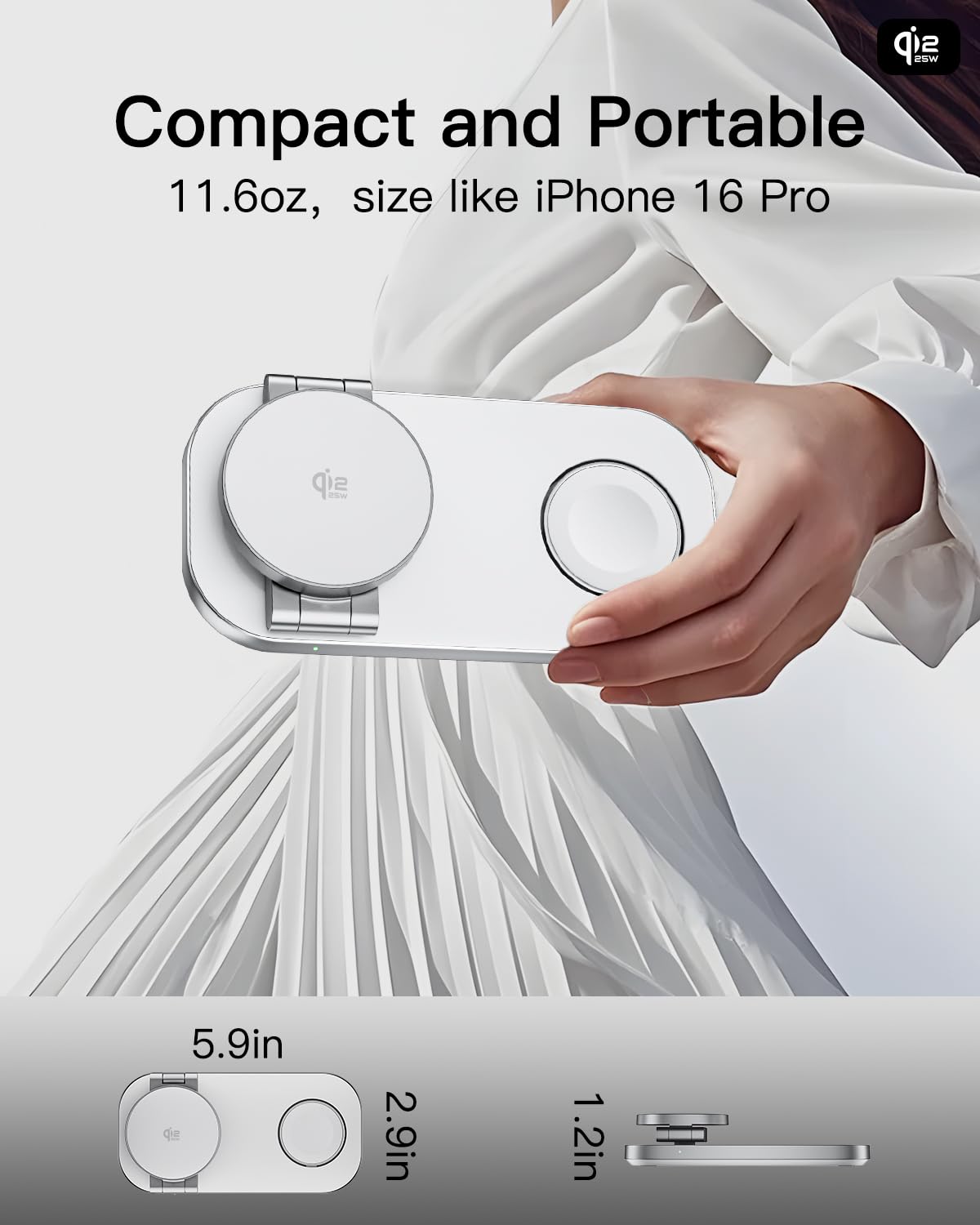 Qi2 25W Estación de Carga 3 en 1 para Apple, Soporte Plegable de Carga Rápida Magnética Compatible con mag-Safe para iPhone 17e/17/16/15/14/13/12/Air, Apple Watch y AirPods Pro/4/3/2-Blanco