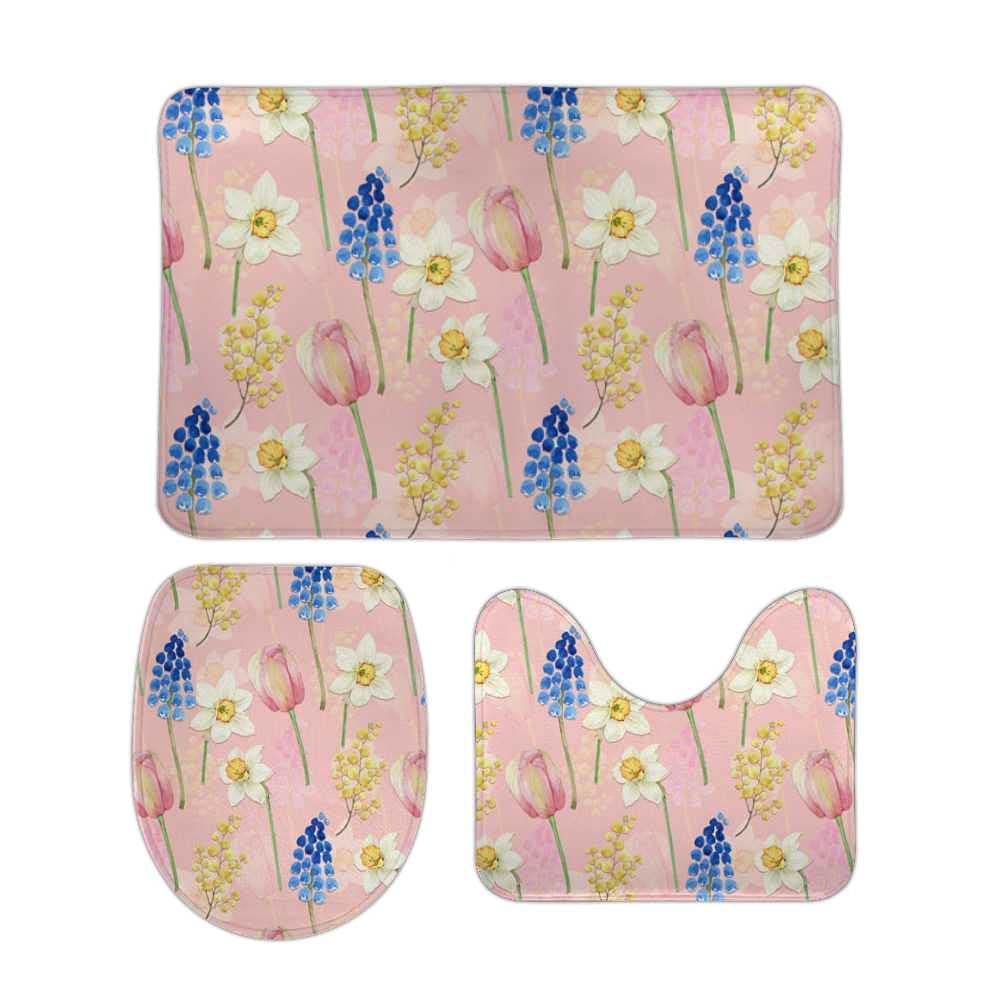 Tapis de salle de bain motif fleurs rose aquarelle lot de 3 pièces en polaire