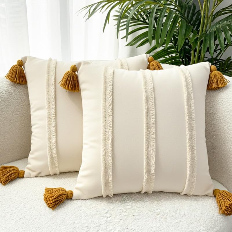 Image of Bird Wing Decorative Throw Pillow Covers with Tassels, Square, Cream Bohemian Lace Stripes Design, Set of 2, Beige Color Size: 12x18 Inches