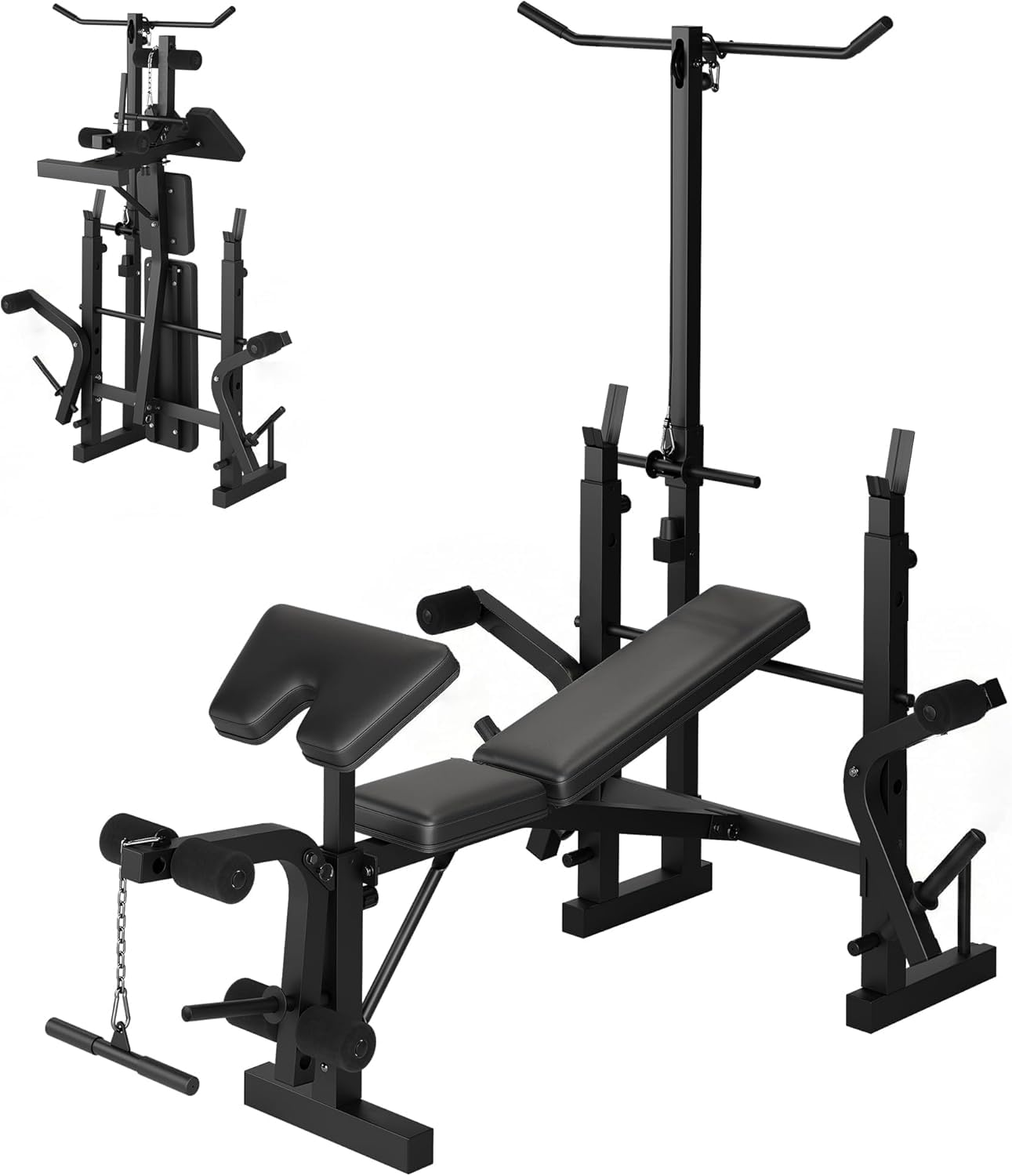 Weight Bench Set with Leg Extension & Preacher Curl Pad, 9-In-1 Adjustable Workout Bench Press with LAT Pulldown, Butterfly Arms & Squat Rack, Multi-Function Strength Training Equipment for Home Gym