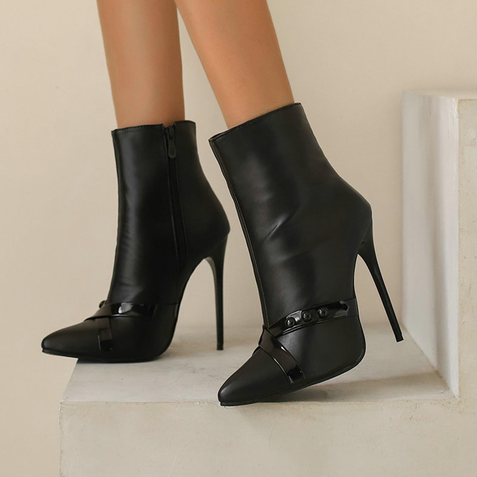 12CM Sexy Pointed Stiletto Super High Heel Rivet Ceinture Boucle Bottines