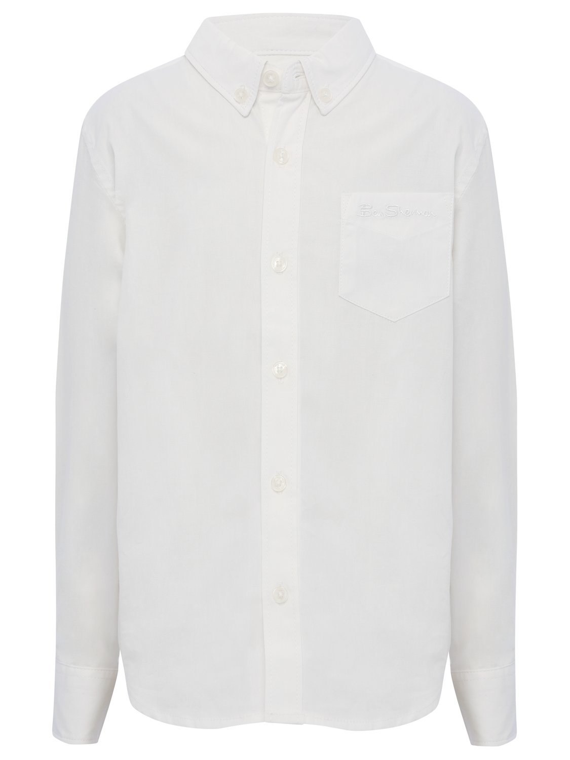 Ben Sherman Boys 100% Cotton White Long Sleeve Button Font Logo Chest Pocket Poplin Shirt