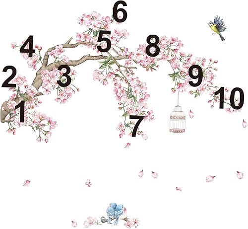 Miniatura 5 de decalmile Calcomanías de pared de ramas de cerezo en flor de cerezo, flores rosas, pájaros, calcomanías de pared para dormitorio, sala de estar,