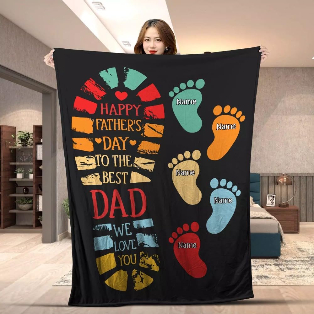 Manta personalizada con nombres de huellas de papá e hijos, manta personalizada para el día del padre, regalo para cumpleaños de papá (180 x 200 cm)