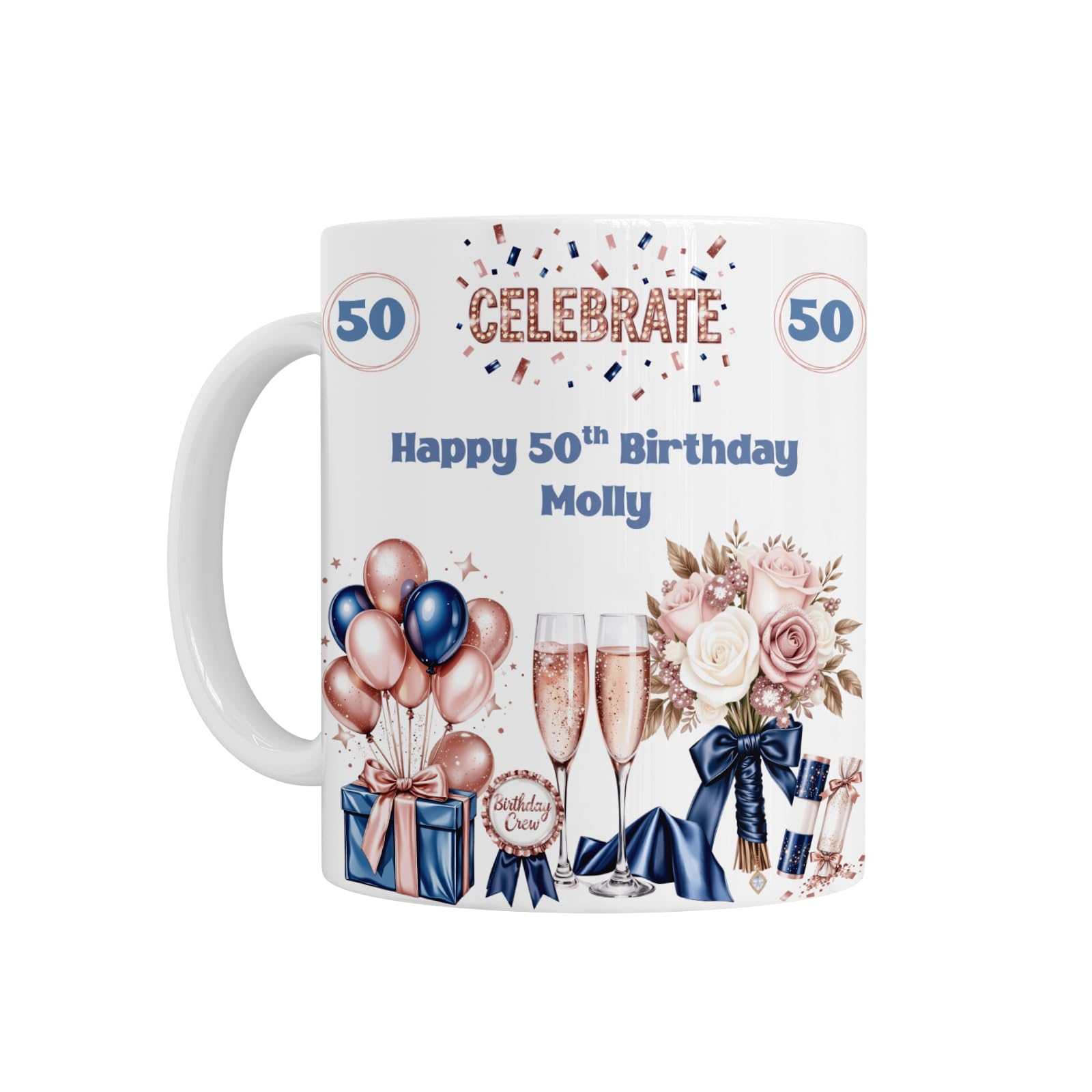 50th Birthday Gift for Her - Personalised Age 50 Birthday Celebration Ceramic Mug with Pink & Blue Champagne & Roses Design