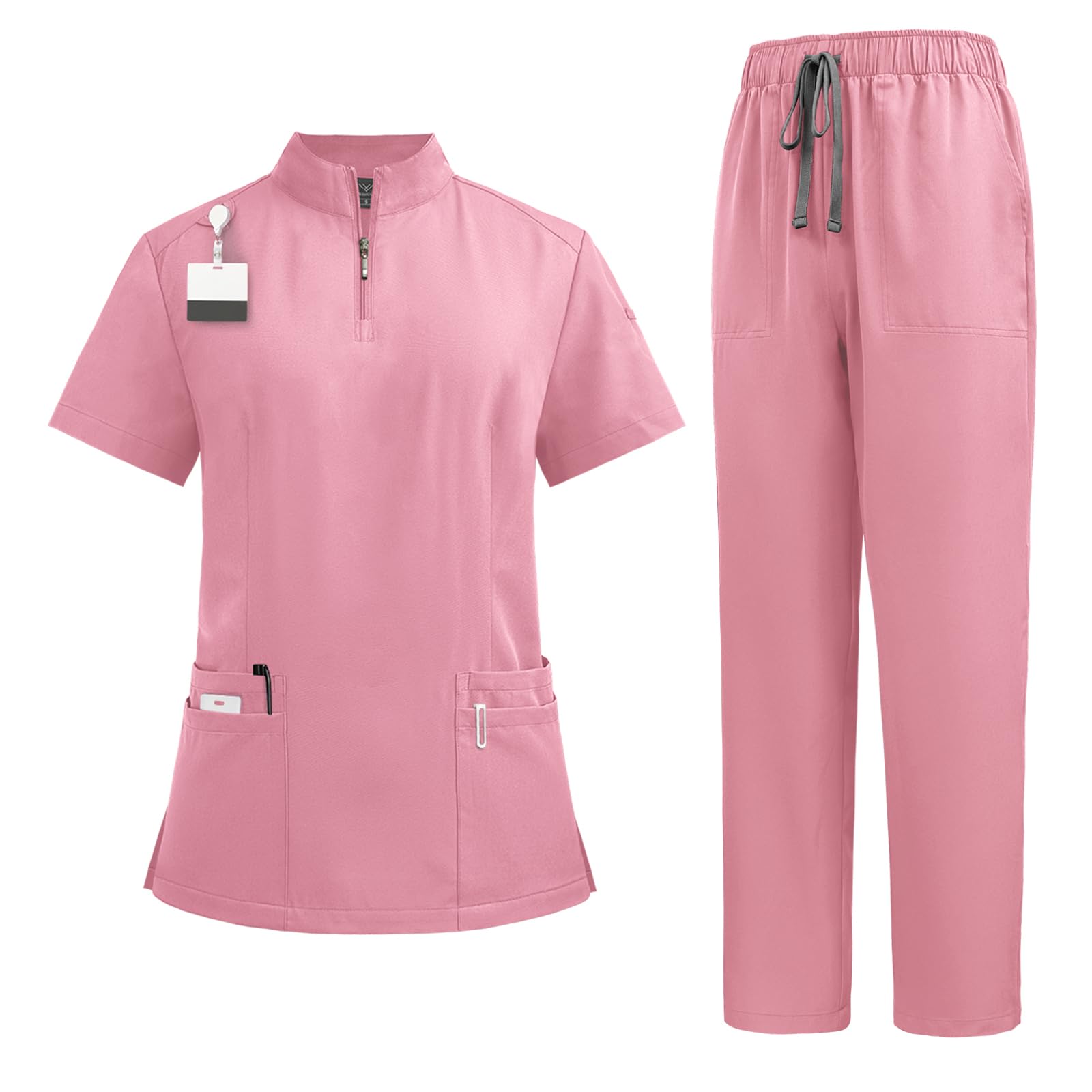 niaahinn Scrub for Women Set- Collar Neck Scrub Top & Yogga Waistband Cargo Pants 4-Way Stretch Scrub Set (Pink,S)