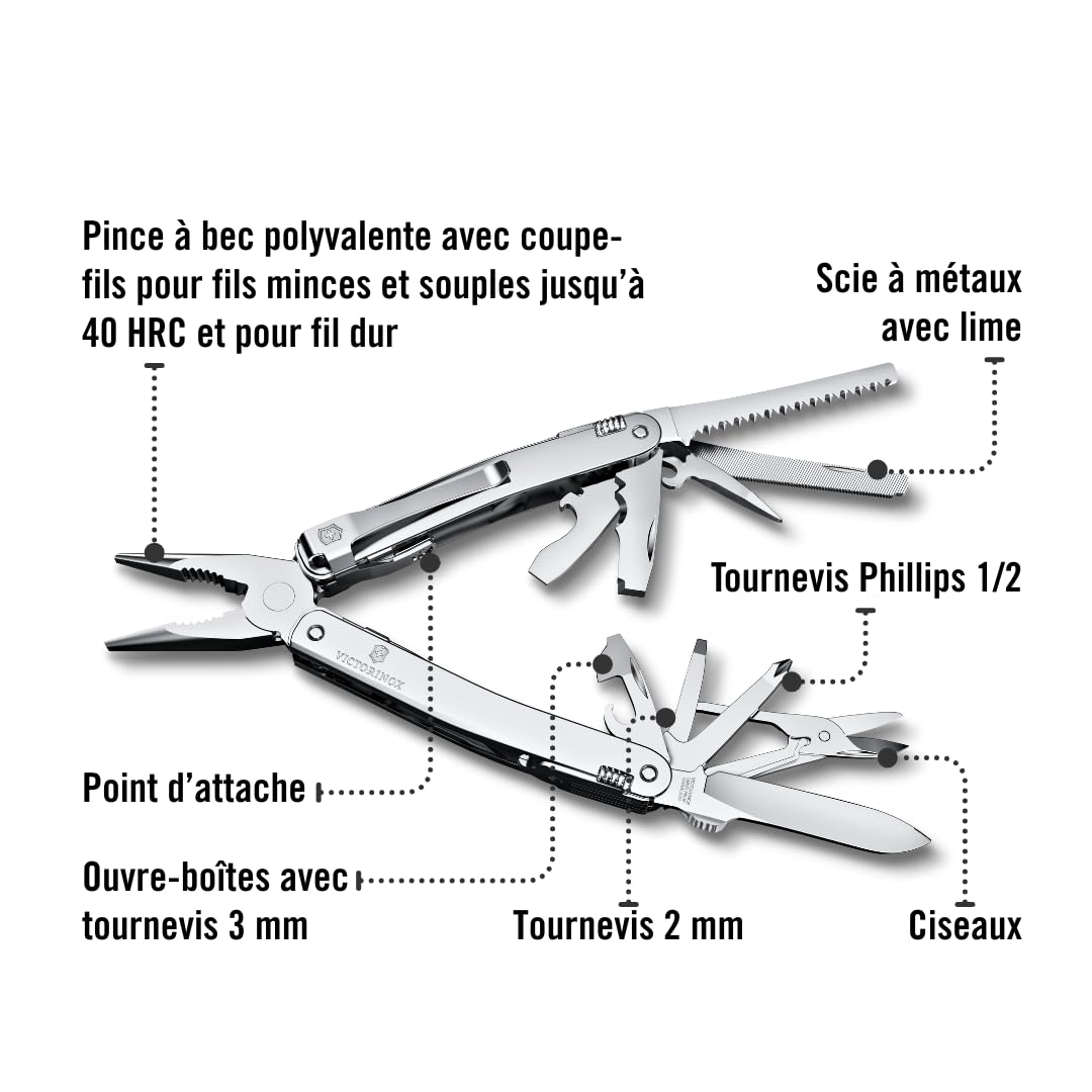VICTORINOX Couteau Suisse Swiss Tool Spirit MX Clip, 24 Fonctions, Outil Multifonction, y c. Pince, Tournevis, Ouvre-Boîtes, Argent
