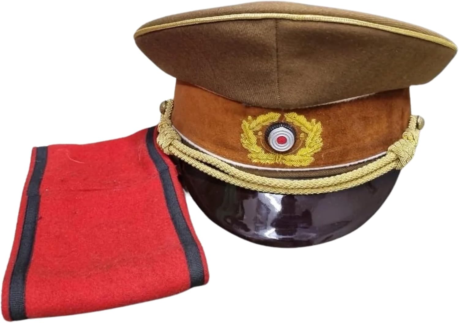 German Visor Cap, General Wehrmacht WW2 Field Brown - Authentic Captain Hat with Aram Band