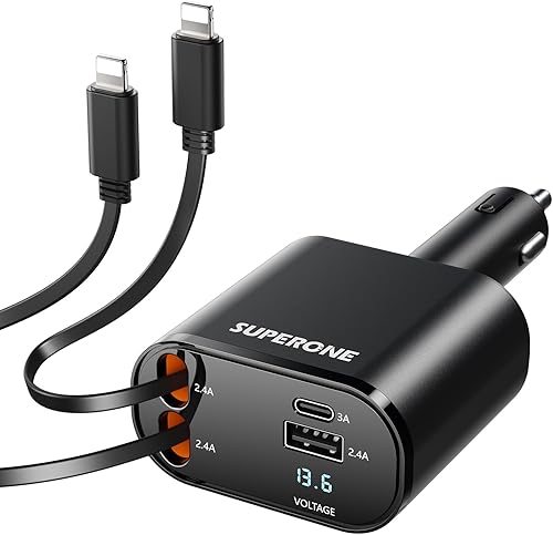 SUPERONE Cargador de coche 4 en 1 con cables retráctiles Apple, cargador USB C, adaptador de coche compatible con iPhone 17161514131211 Pro Max