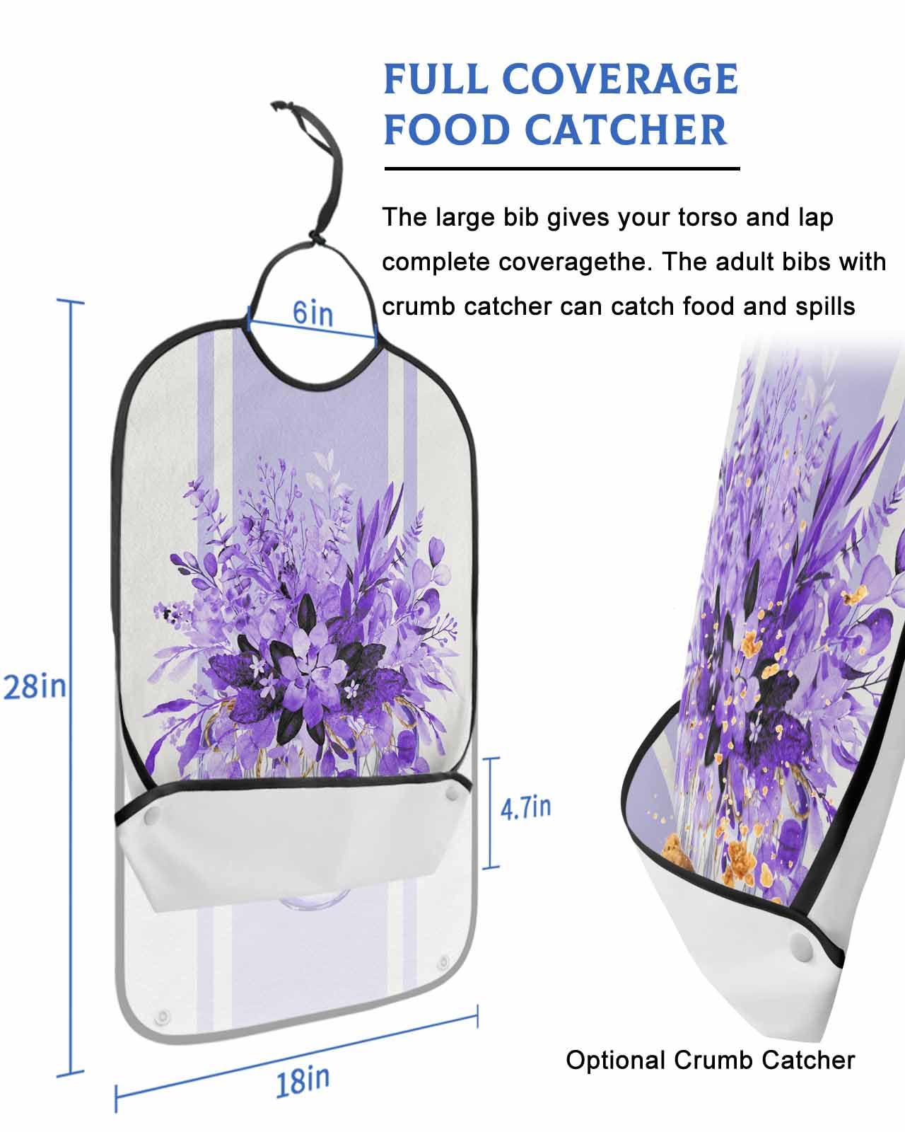 LEOKOTI Purple Botanical Adult Bibs for Eating, Waterproof Bibs with Food Catcher & Adjustable Snap Closure, Eucalyptus Leaves Summer Spring Floral Washable Clothing Protectors Adult Bibs for Elderly