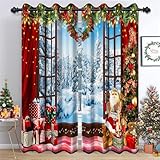 Ttincceer Rideaux de noël pour Salon Paysage de Neige à l'extérieur de la fenêtre Rideaux de fenêtre occultants pour Chambre Rideau Rouge Branche de pin Couronne Rideaux de fenêtre 117x138cm