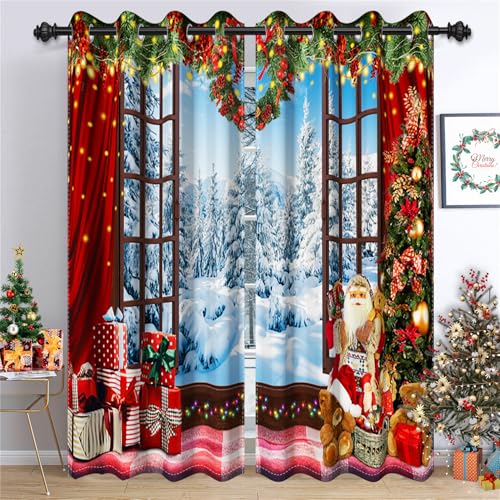 Ttincceer Cortinas navideñas para Sala de Estar Paisaje de Nieve Fuera de la Ventana Cortinas Opacas para Ventana para Dormitorio Cortina roja Cortina de Ventana de Rama de Pino Juego de 117x138cm