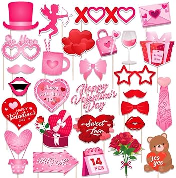 Valentines Day Photo Booth Props Decor, 28 PCS Romantic Love Valentines Day Decorations Set for DIY Funny Valentines Party Supplies Favors Accessories