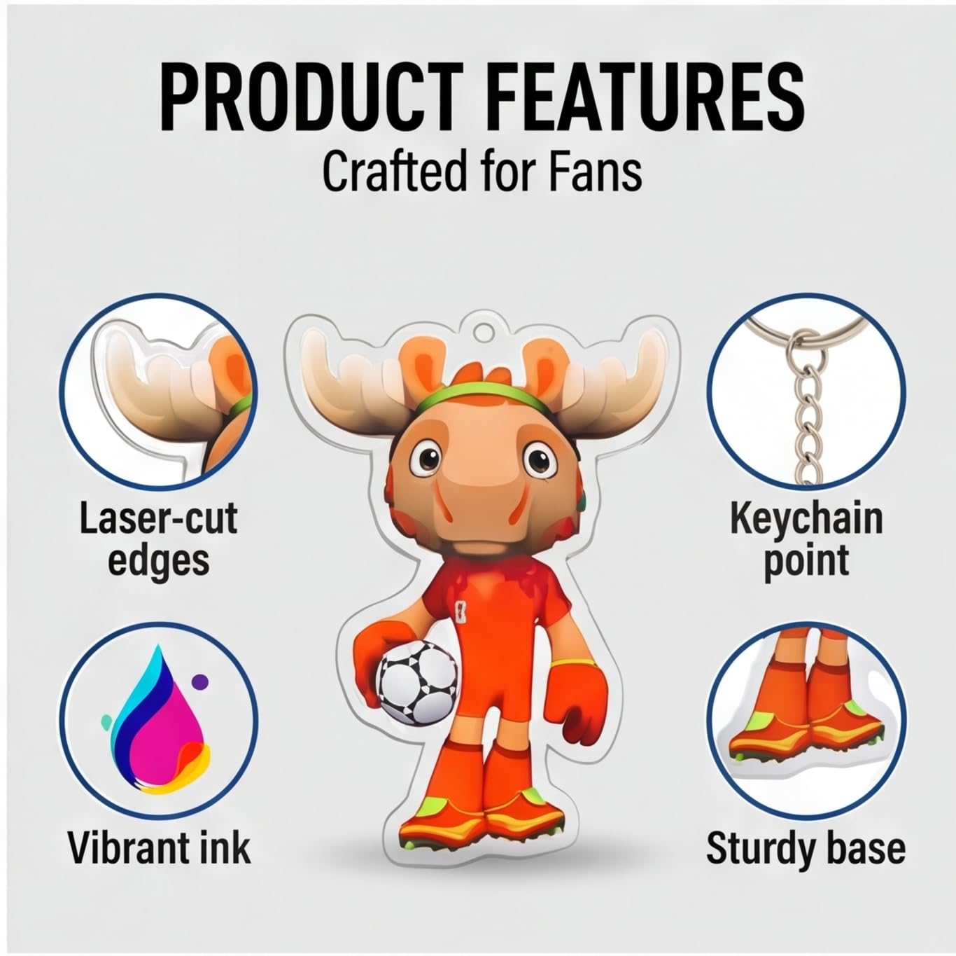 World Cup Mascot Acrylic Figurine Set – 4-Pack with Eagle, Moose, Jaguar & Trophy | Double-Sided Printed Standee for Desk, Shelf or DIY Decoration