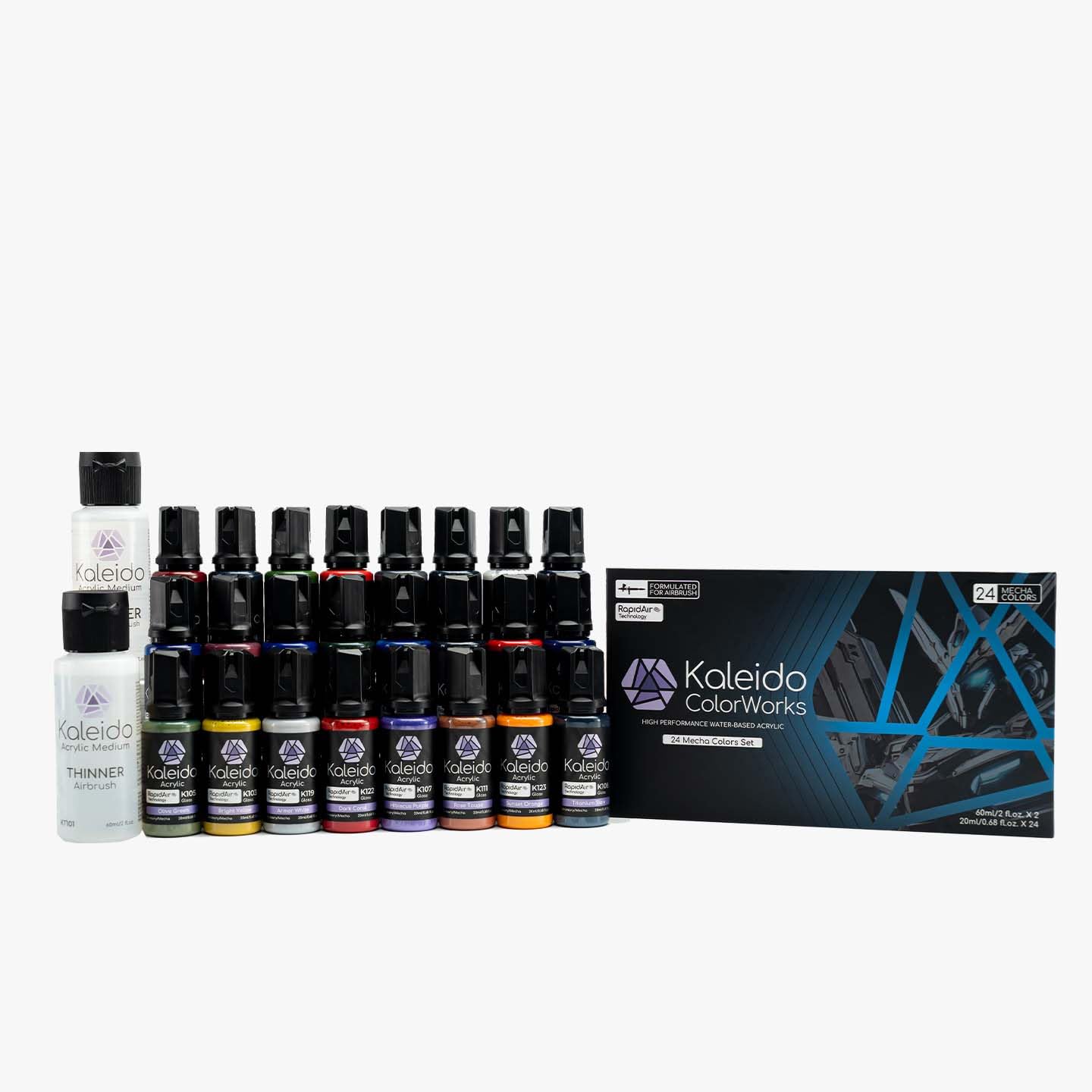 GaahleriKaleido Mecha 24-Color Set – Water-Based Acrylic Airbrush Paint Kit for Scale Models, Gundam, Gunpla,Mecha,Cars & Miniatures – Pre-Thinned, High Gloss, Fast-Drying, with Thinner & Cleaner