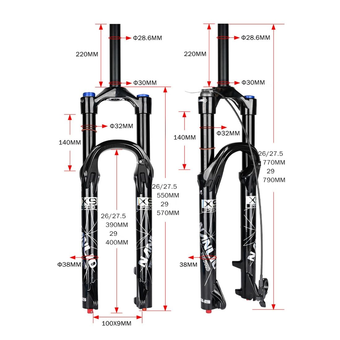 Przedni widelec MTB z zawieszeniem pneumatycznym, prosta rura 28,6 mm, przedni widelec do rowerów górskich z hamulcem tarczowym, szybkozłączka 9 × 100 mm, regulacja odbicia, ręczne / zdalne zamykanie