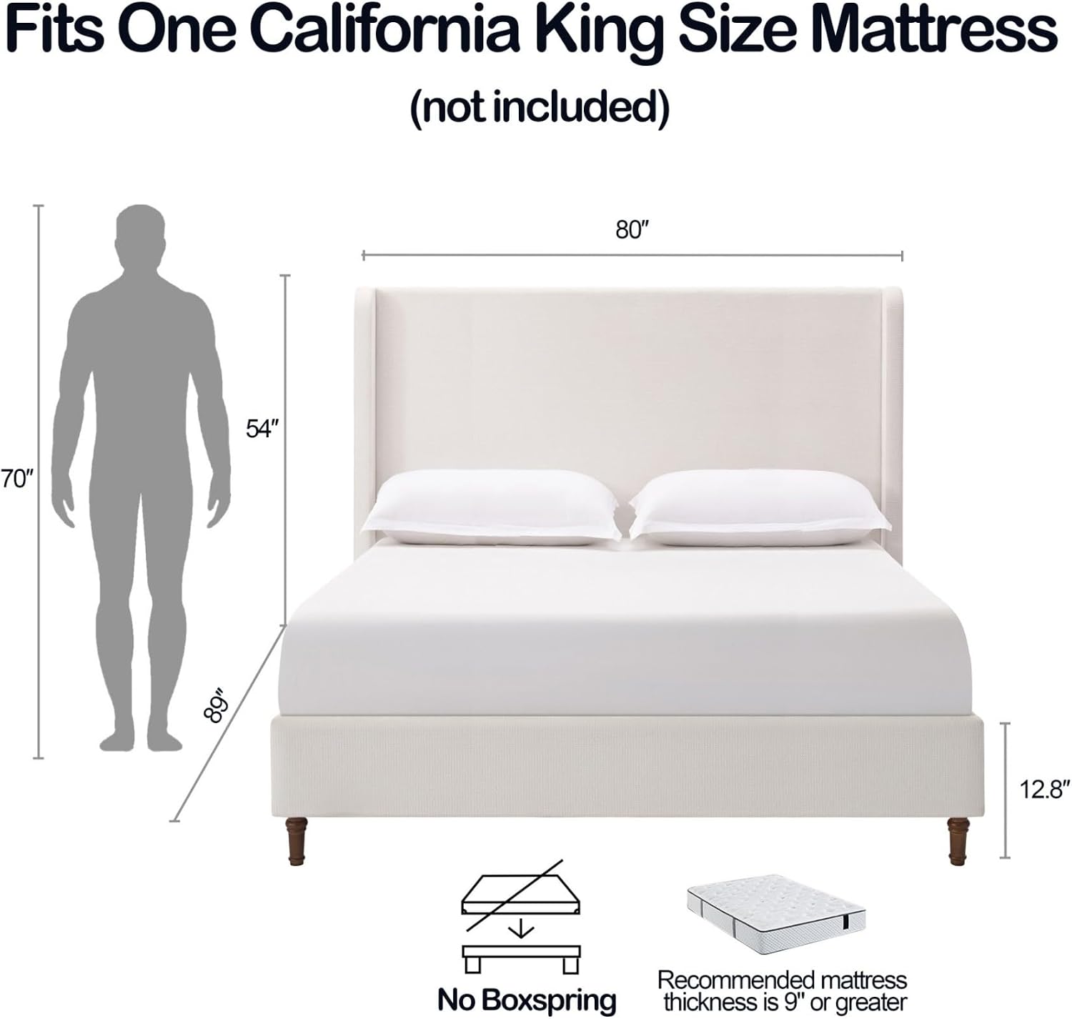KEIKI Chenille California King Size Bed Frame, 54" Tall Headboard Upholstered Platform BedFrame with Wingback, Elegant Simplicity, No Box Spring Needed, Solid Oak Wood Feet, Cream White