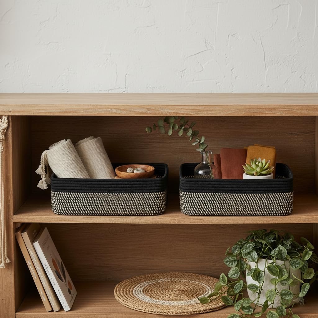 Woven Baskets for Storage 3 Pack, Large Shallow Basket for Shelves, Bathroom, Cube Closet, Nursery, Pets 15x11x5.1 Inches, Black & Mixed Black