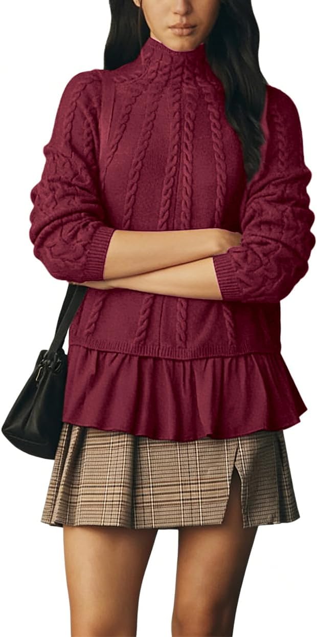 Womens' Turtleneck Long Sleeve Cable Knit Sweaters Oversized Contrast Ruffle Hem Pullover Top - Image 2