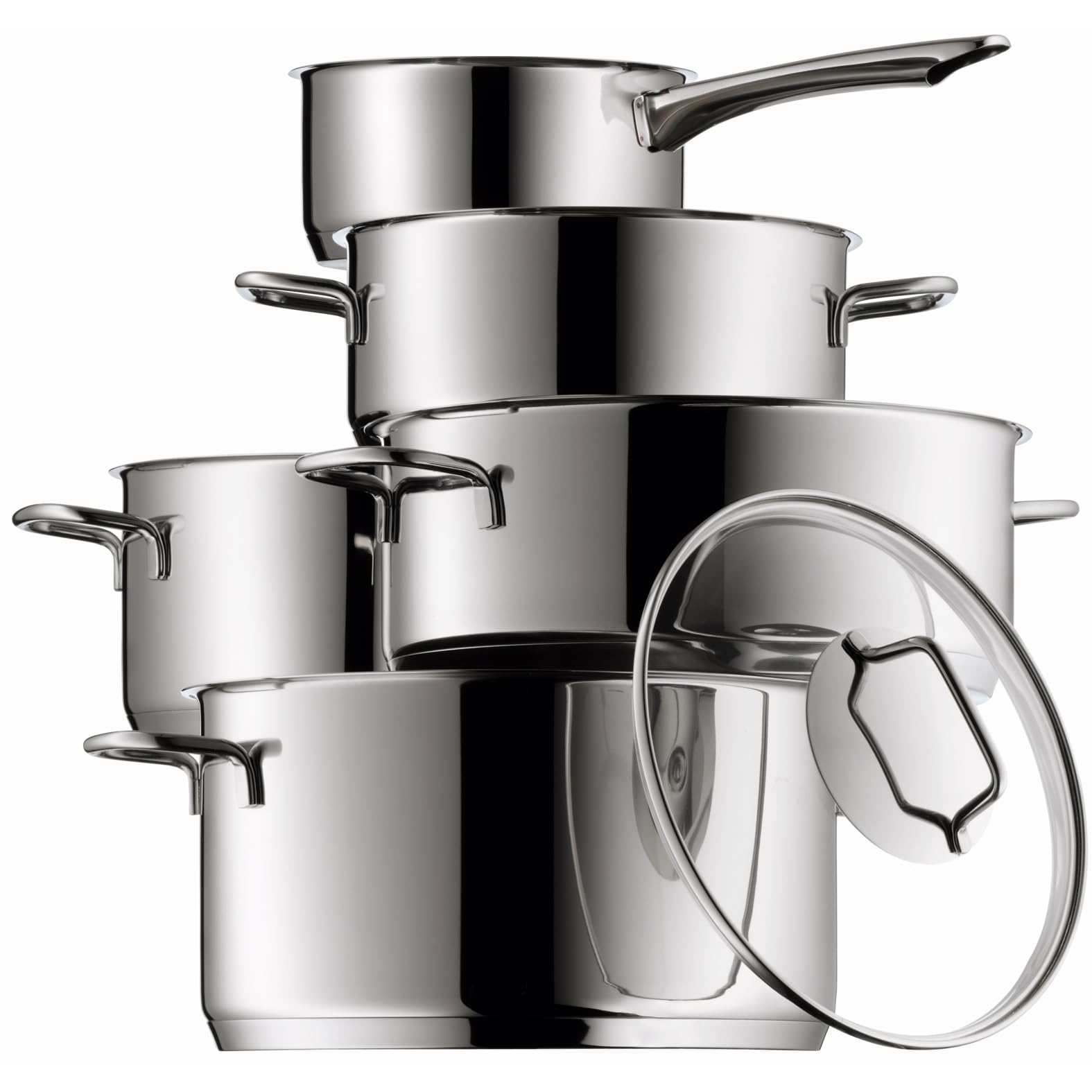WMF Astoria - Batería de Cocina de 5 Piezas, Ollas Altas con tapas (16/20/24 cm), Olla baja con tapa (20 cm), Cazo (16 cm), Cromargan Acero Inoxidable pulido, Apto para Inducción