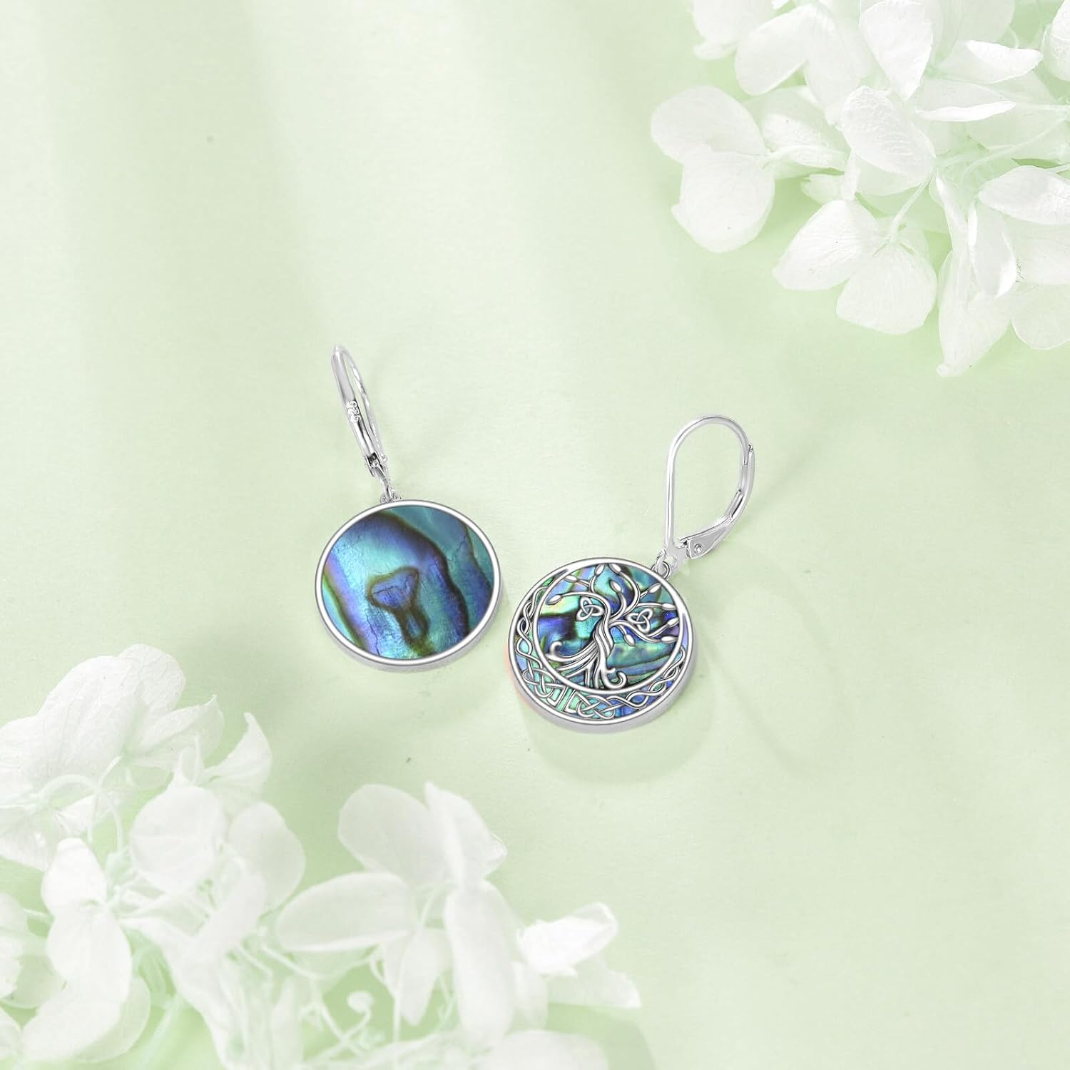 Moonstone/Abalone Tree of Life Earrings 925 Sterling Silver Celtic Knot Family Tree Earrings for Women Gifts