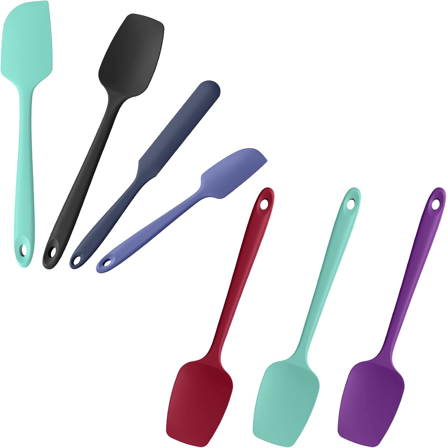 Doosu 600°F Heat Resistant 4-Piece Silicone Spatulas BPA Free Baking Cooking Tools (Aqua+Black+Navy Blue+Lake Blue) & 3-Piece Spoonulas Set for Mixing Stirring Scraping Non-Stick Pan(Red+Aqua+Purple)