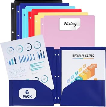 FlexOffice 6 Pack Colored 2-Pocket Folders, 3-Hole Punched with Card Slot, Adhesive Label Included, Durable & Lightweight 2-Pocket Paper Organizer for Office, School, Home
