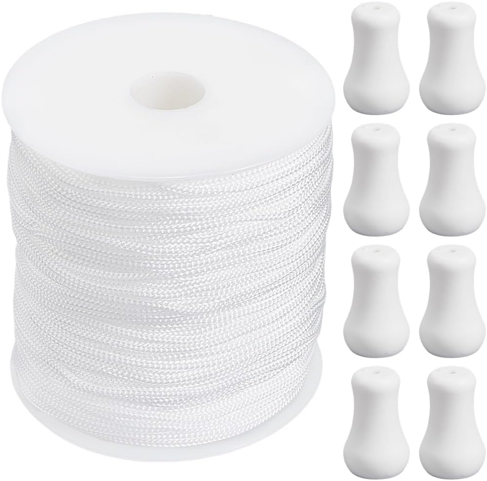100M/109 Yard 2mm Roman Blind Cord Blind String Pull Cord with 15Pcs White Wood Findings Knobs Nylon Weather Resistant Round Thread Rope Kits Accessories for DIY Roman Window Shade Curtain