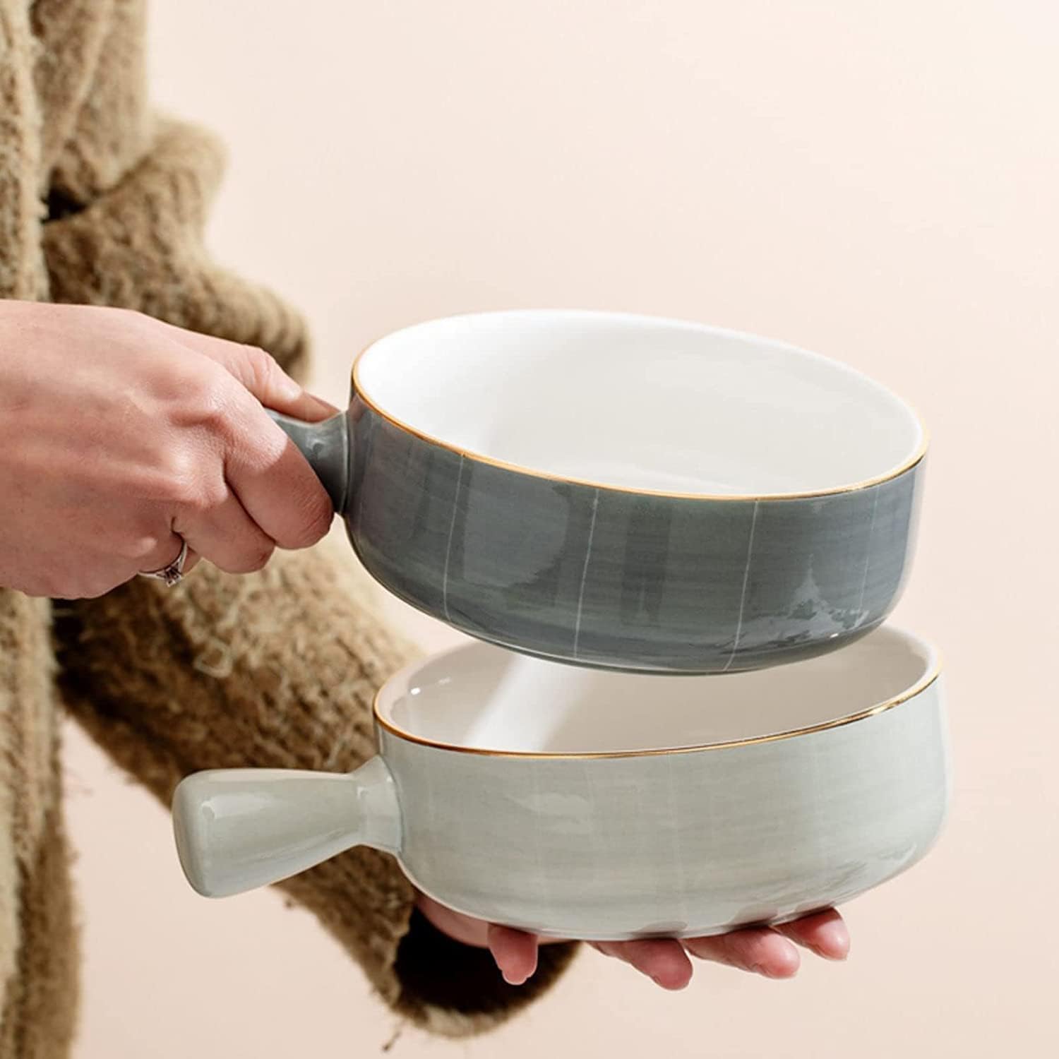 Bowls, Soup Bowls， Ceramic BowlSoup Bowl,Rice Bowl,reakfast Bowl,Soup Bowl with Handle and Spoon,Onion Soup Bowl, Microwave and Oven Safe, Breakfast Bowl for Cereals-Dark grey-20x15x5.5cm 650ml ( Colo