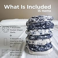 Vista 2 de Nora's Nursery Pañales de tela, paquete de 7 con 7 insertos y 1 bolsa húmeda, funda impermeable, lavable, reutilizable y pañales de bolsillo