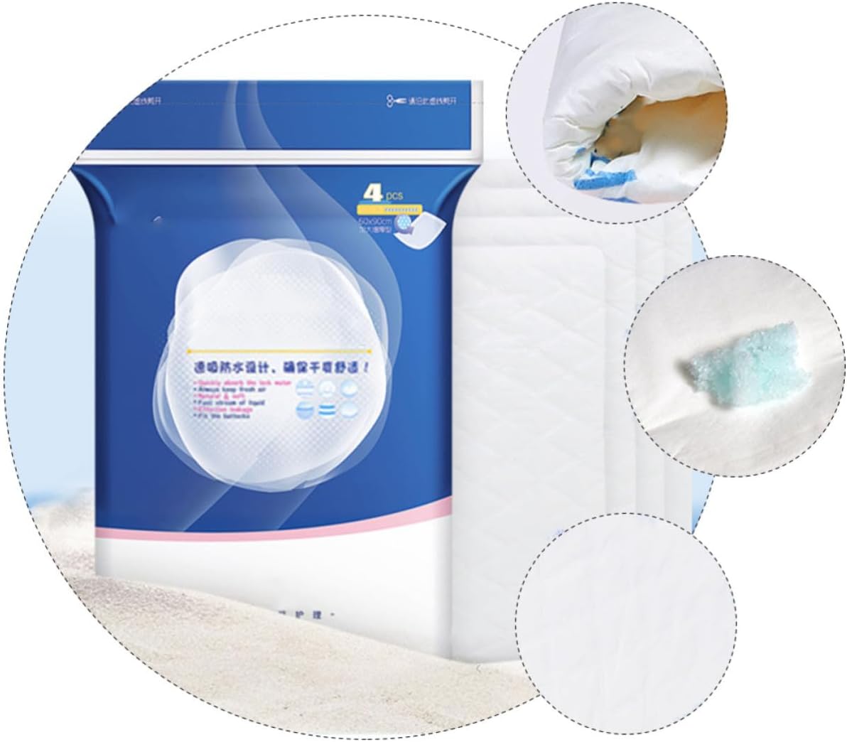 Cabilock Disposable Adult Care Pads for Women and Adults, Quick Drying Leak Prevention Nursing Underpads, White Non-Woven Fabric and Pe Material, 4 Pieces Per Package, for Postpartum