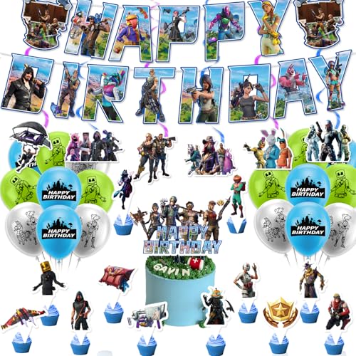 Video Game birthday decorations set Party decor Supplies Include Happy Birthday Banners Cake Toppers Cupcake Toppers Balloons Hanging Swirls Decorations